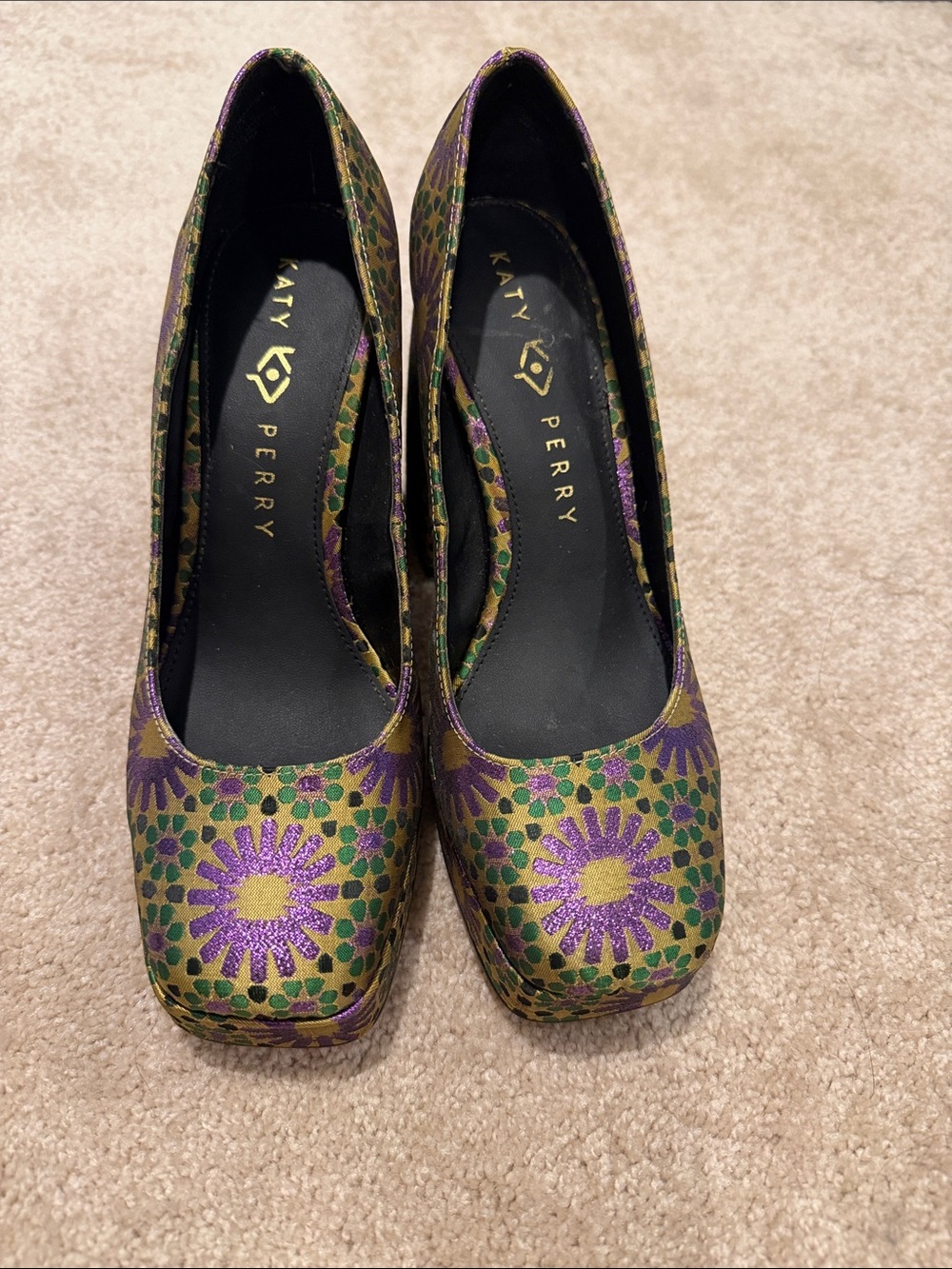 Katy Perry Collections Gold Floral Platform Pumps with Purple & Green Accents